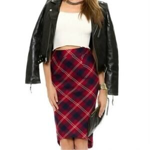 NEW Free People cranberry red plaid midi length pencil skirt size 4 preppy